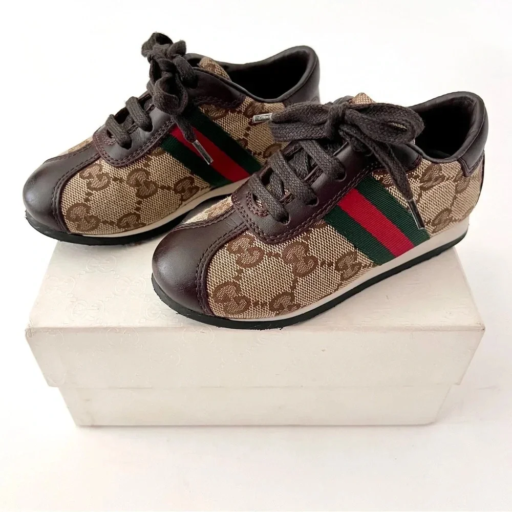 GUCCI || Baby Supreme GG Logo Web Stripe Lace Up Canvas Leather Sneakers Size 24 - Picture 1 of 13